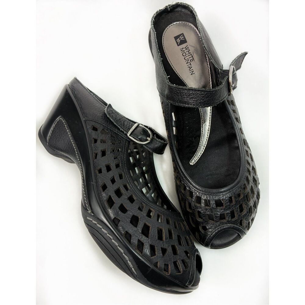 White Mountain ‘Marvy’ Black Leather Peep-Toe Mule Sandals Sz 8.5M